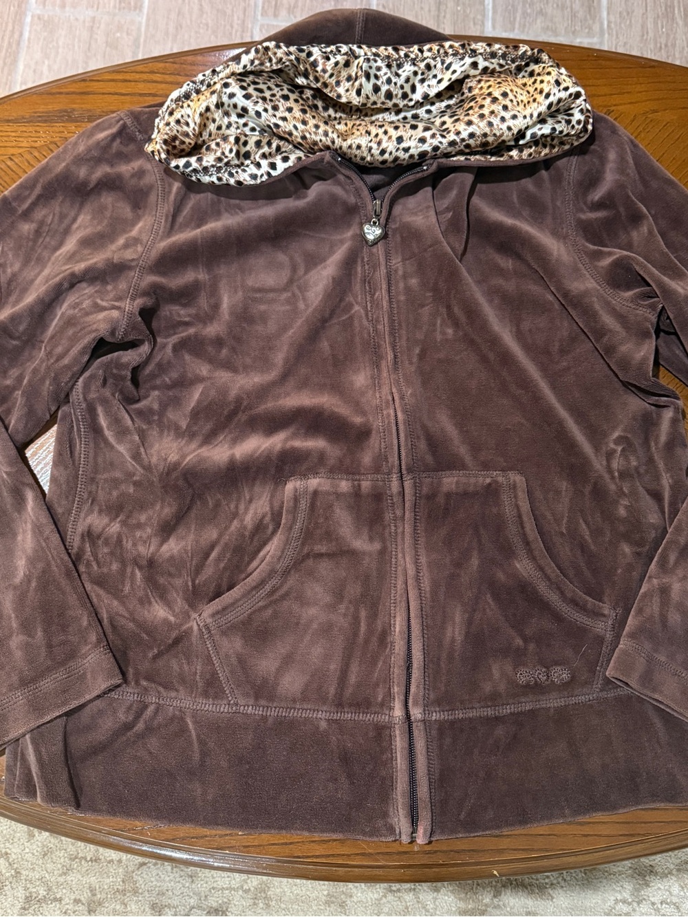 Three Hearts Brown Velour Zip Hoodie with Leopard Print Lined Hood